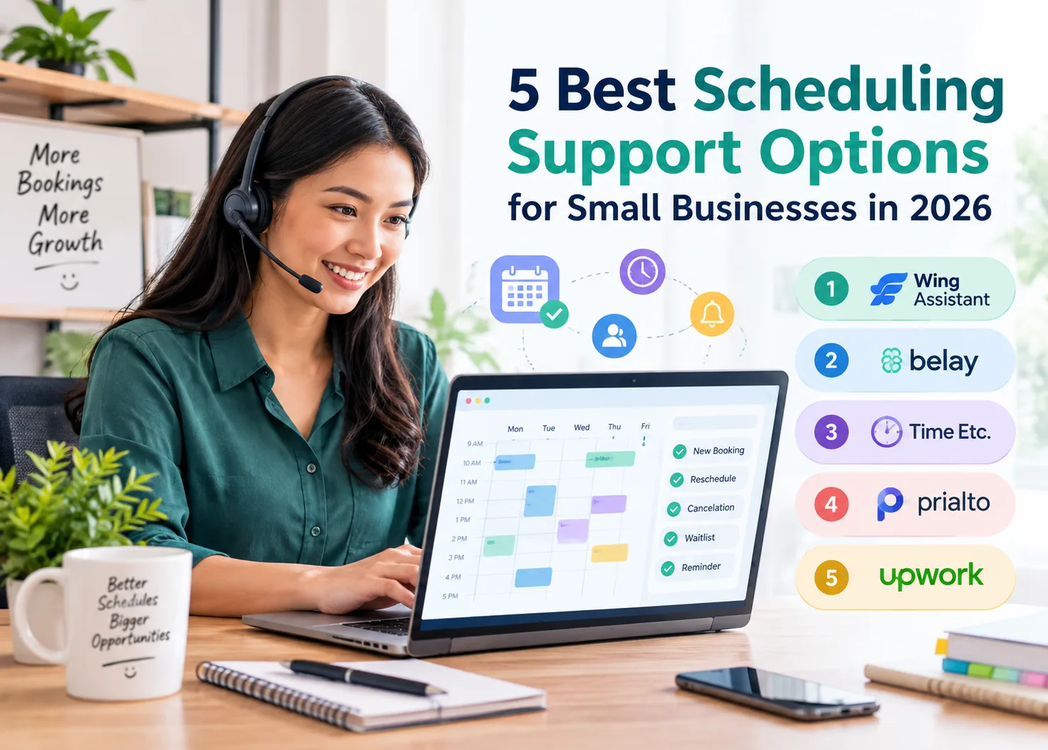 Scheduling support illustration showing a virtual assistant managing appointments on a laptop, with calendar icons and five scheduling service options for small businesses in 2026.